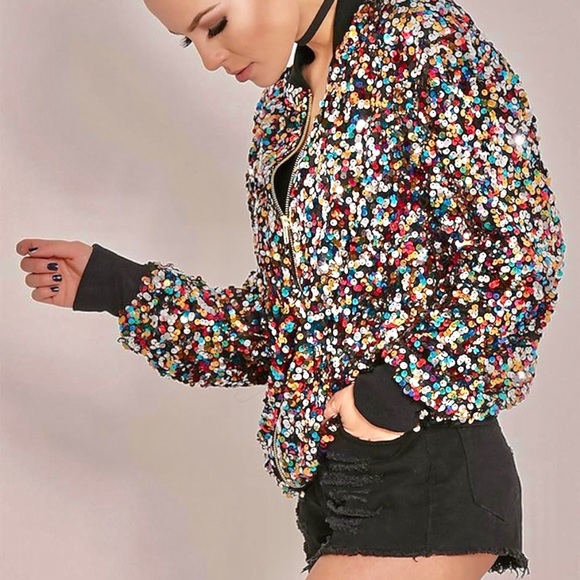 CRESAY Colorful Sequin Zip Up BOMBER JACKET! Woman’s Size Medium - Picture 2 of 14